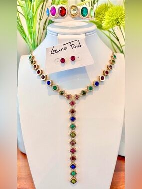 Laura Ford Y-Shape multicolored beveled stones in Goldtone,3 pc.,bracelet,studs